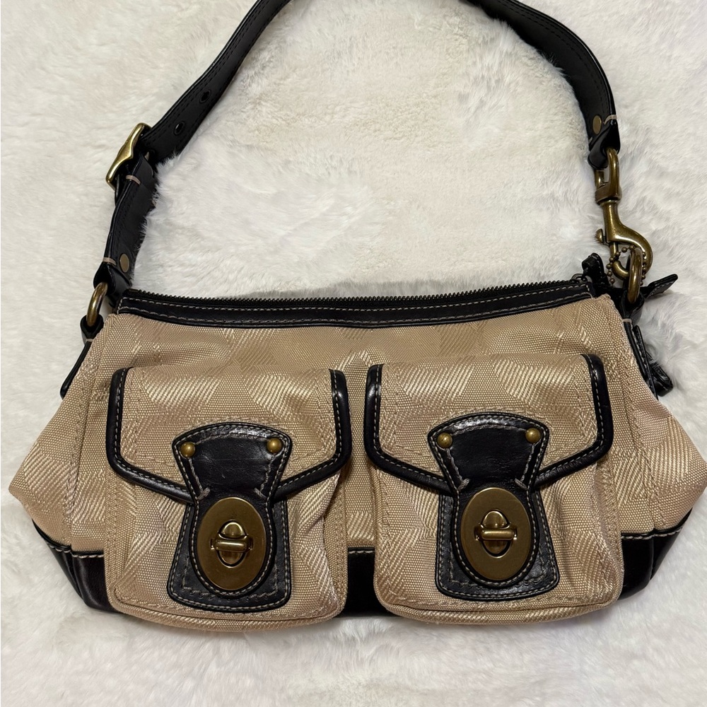 Coach Legacy Beige and Brown Shoulder Bag Double Turn Lock Y2K